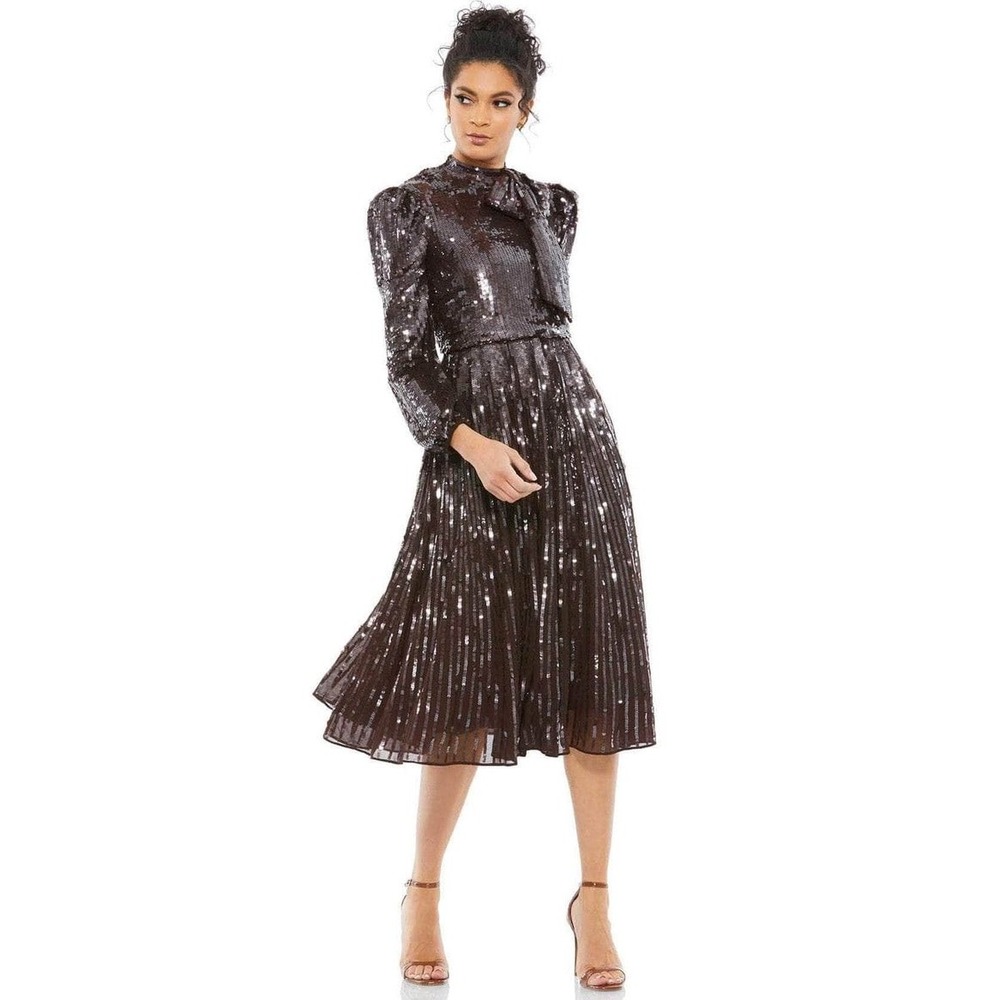 Mac Duggal 93642 Sequin Bow Shoulder Long Sleeve Midi cocktail Dress brown - Picture 2 of 16